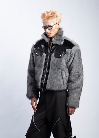 【PLAN1ONE】Fur design with black accent full zip short jacket  PL0054