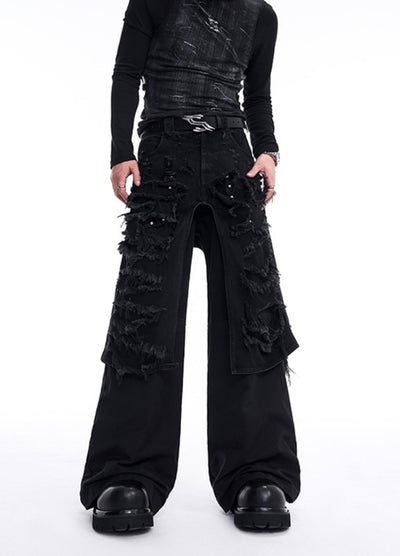 【STARTEXCEEDEND】Full damage gimmick layered style black denim pants  SC0001