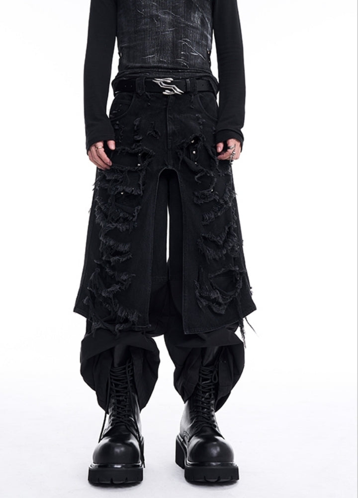 【STARTEXCEEDEND】Full damage gimmick layered style black denim pants  SC0001