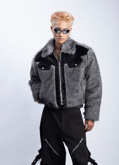 【PLAN1ONE】Fur design with black accent full zip short jacket  PL0054