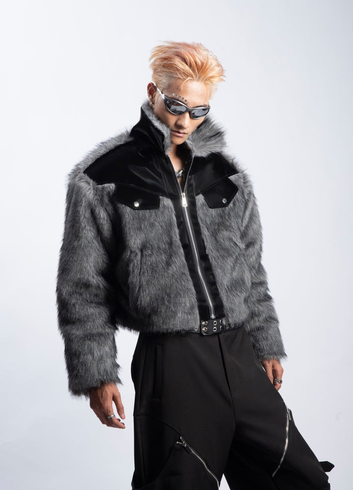 【PLAN1ONE】Fur design with black accent full zip short jacket  PL0054