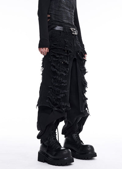 【STARTEXCEEDEND】Full damage gimmick layered style black denim pants  SC0001