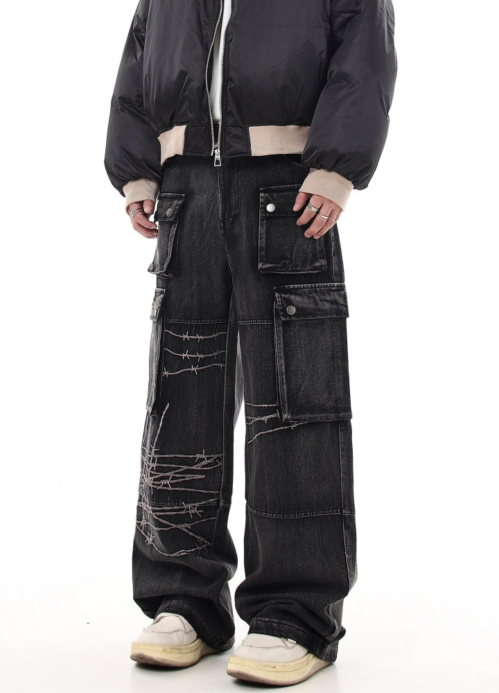 【Blacklists】Basic wide straight mid-length cargo denim pants  BL0030