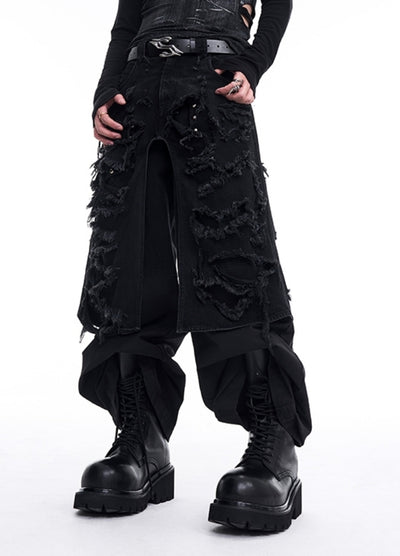 【STARTEXCEEDEND】Full damage gimmick layered style black denim pants  SC0001