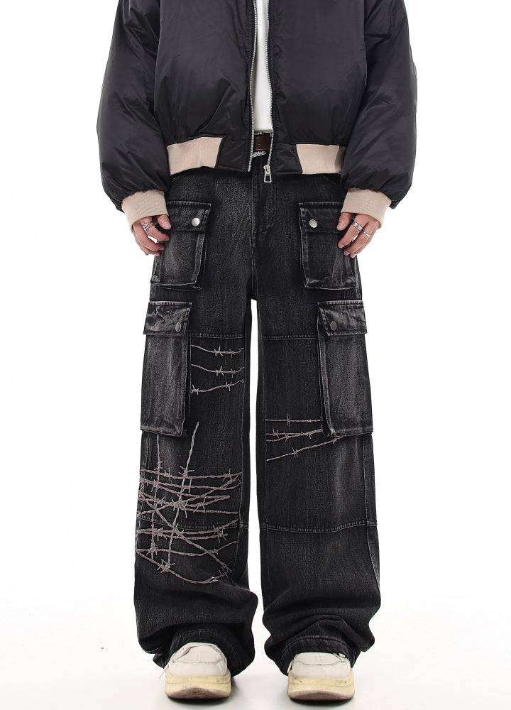 【Blacklists】Basic wide straight mid-length cargo denim pants  BL0030