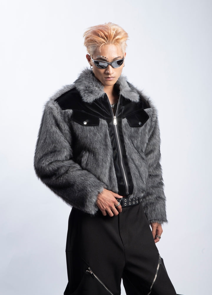 【PLAN1ONE】Fur design with black accent full zip short jacket  PL0054