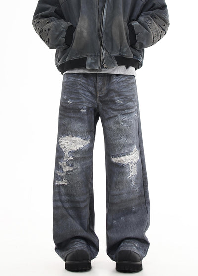 【Blacklists】Navy blue distressed wide denim pants  BL0028