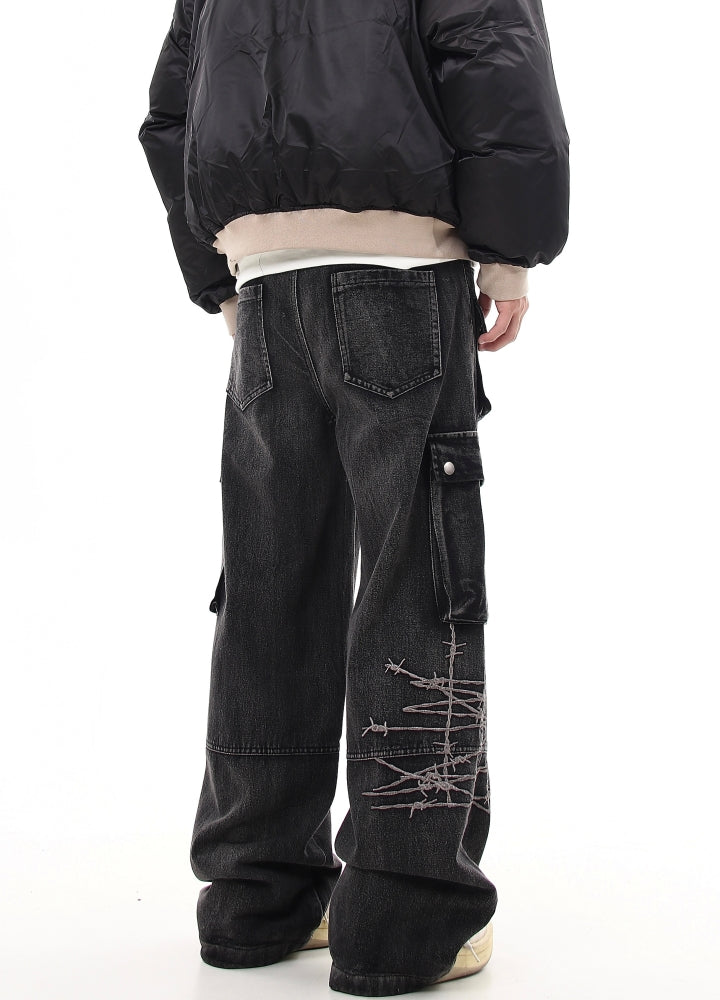 【Blacklists】Basic wide straight mid-length cargo denim pants  BL0030