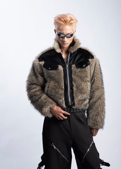 【PLAN1ONE】Fur design with black accent full zip short jacket  PL0054