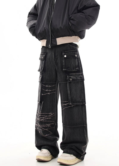 【Blacklists】Basic wide straight mid-length cargo denim pants  BL0030