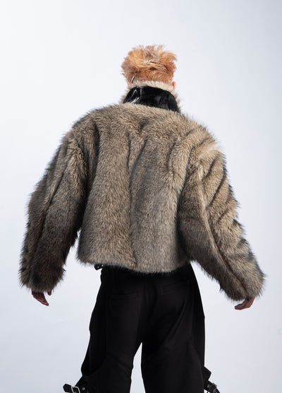 【PLAN1ONE】Fur design with black accent full zip short jacket  PL0054