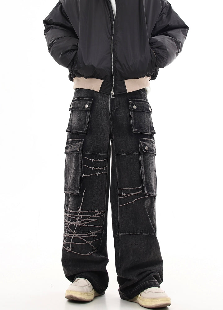 【Blacklists】Basic wide straight mid-length cargo denim pants  BL0030