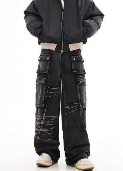 【Blacklists】Basic wide straight mid-length cargo denim pants  BL0030