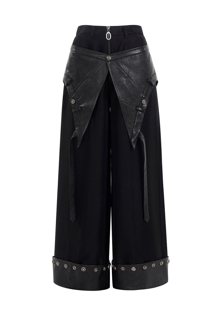 【STARTEXCEEDEND】Leather plus slacks fabric design gimmick wide pants  SC0002