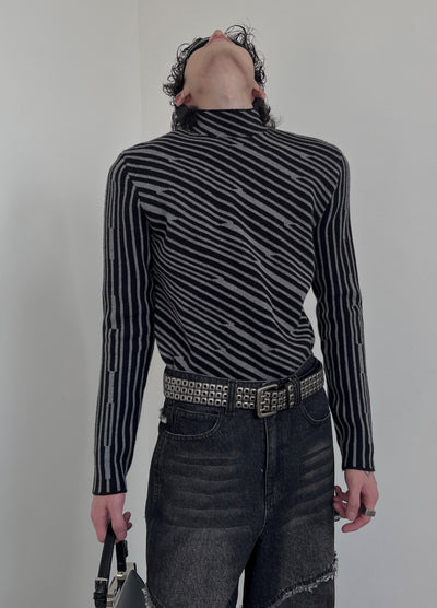 【SOULWORKER】Diagonal border line dark style design long sleeve T-shirt  SW0044