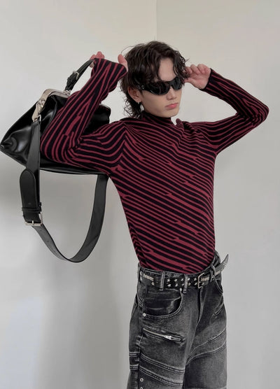 【SOULWORKER】Diagonal border line dark style design long sleeve T-shirt  SW0044