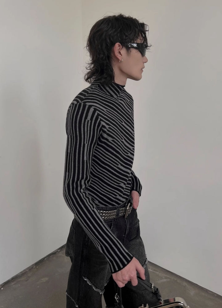 【SOULWORKER】Diagonal border line dark style design long sleeve T-shirt  SW0044