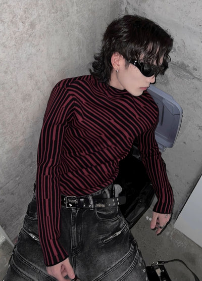 【SOULWORKER】Diagonal border line dark style design long sleeve T-shirt  SW0044