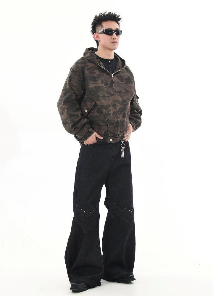 【Blacklists】All camo rib style full zip jacket hoodie  BL0044