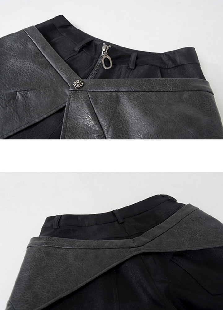 【STARTEXCEEDEND】Leather plus slacks fabric design gimmick wide pants  SC0002