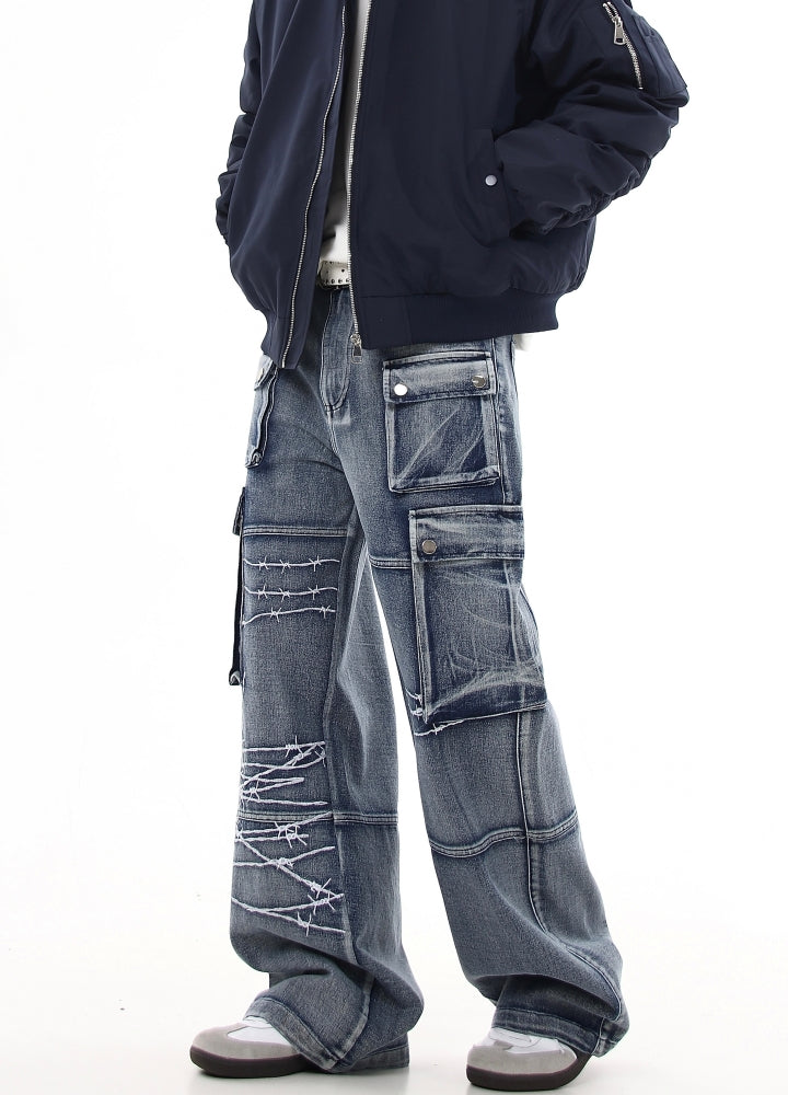 【Blacklists】Basic wide straight mid-length cargo denim pants  BL0030