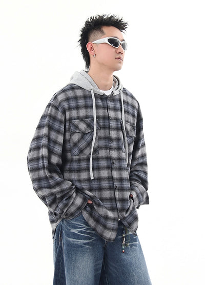 【Blacklists】Checkered button design casual style hoodie  BL0045