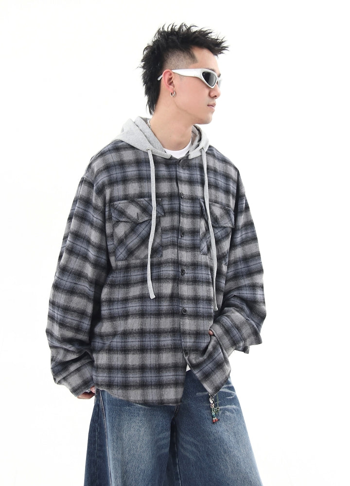 【Blacklists】Checkered button design casual style hoodie  BL0045