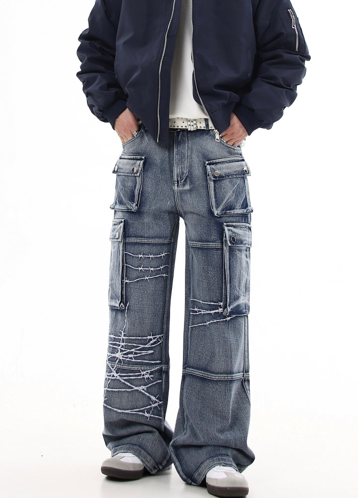 【Blacklists】Basic wide straight mid-length cargo denim pants  BL0030