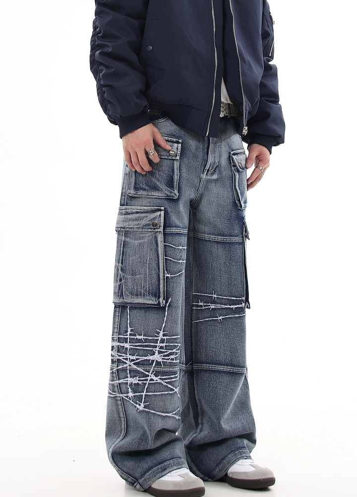 【Blacklists】Basic wide straight mid-length cargo denim pants  BL0030