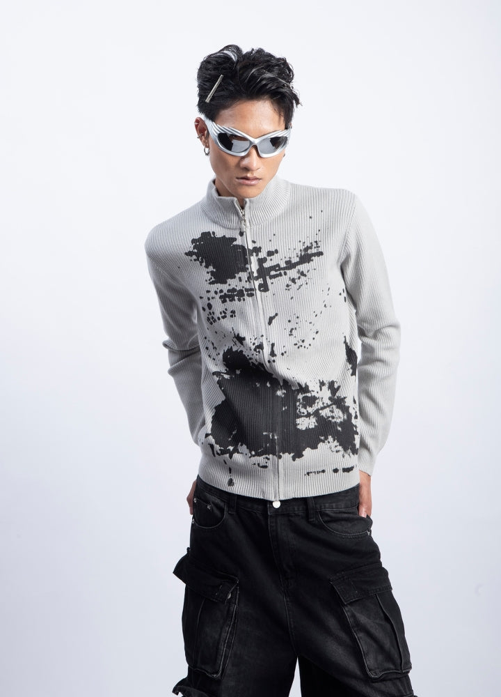 【PLAN1ONE】Front design full zip tight size mode long sleeve T-shirt  PL0055