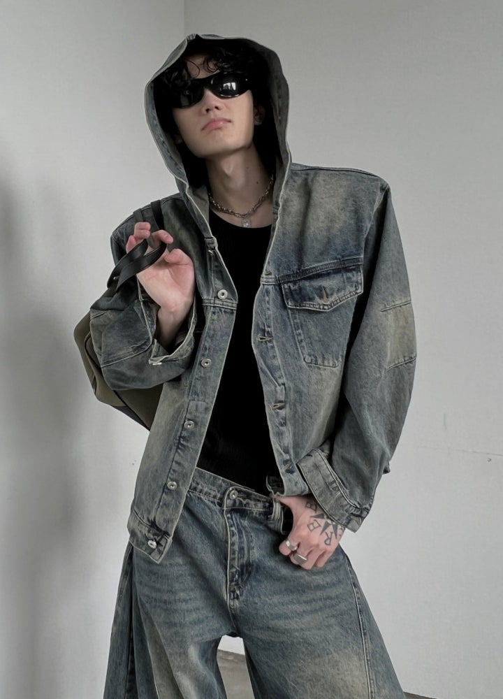 【SOULWORKER】Dull wash vintage processed hoodie plus denim jacket  SW0049