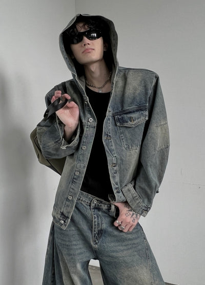 【SOULWORKER】Dull wash vintage processed hoodie plus denim jacket  SW0049