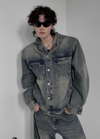 【SOULWORKER】Dull wash vintage processed hoodie plus denim jacket  SW0049