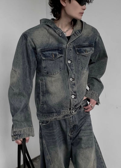 【SOULWORKER】Dull wash vintage processed hoodie plus denim jacket  SW0049