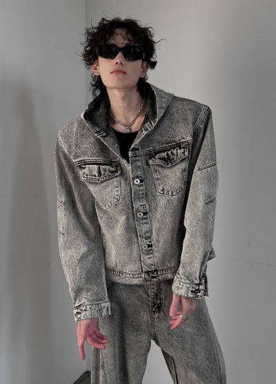 【SOULWORKER】Dull wash vintage processed hoodie plus denim jacket  SW0049