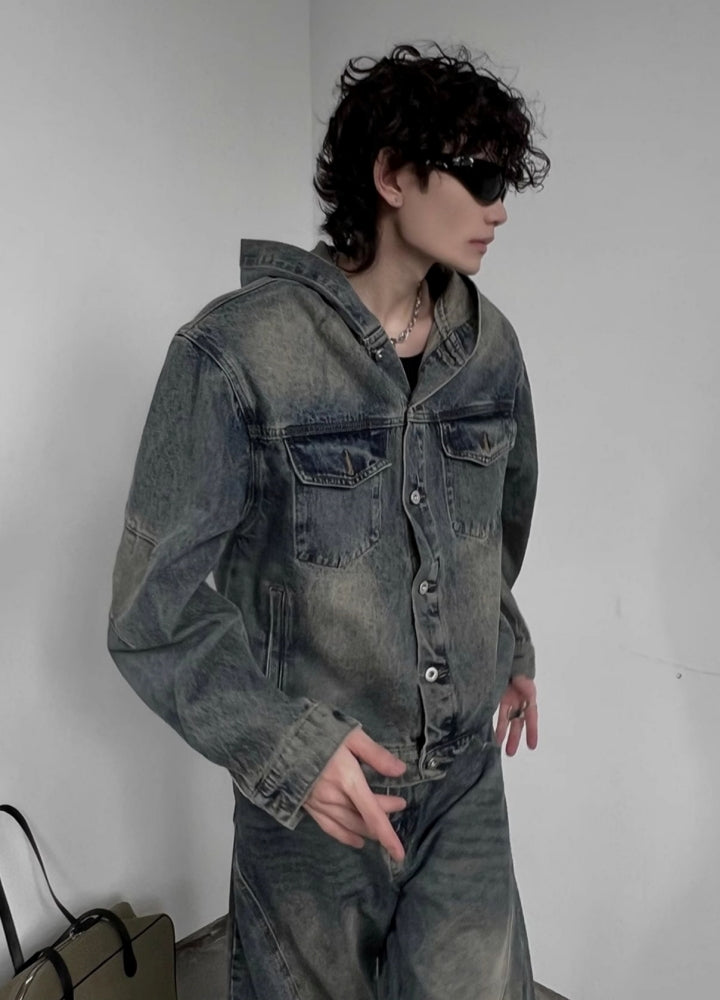 【SOULWORKER】Dull wash vintage processed hoodie plus denim jacket  SW0049