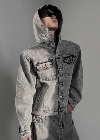 【SOULWORKER】Dull wash vintage processed hoodie plus denim jacket  SW0049