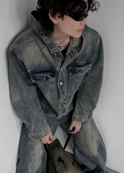 【SOULWORKER】Dull wash vintage processed hoodie plus denim jacket  SW0049