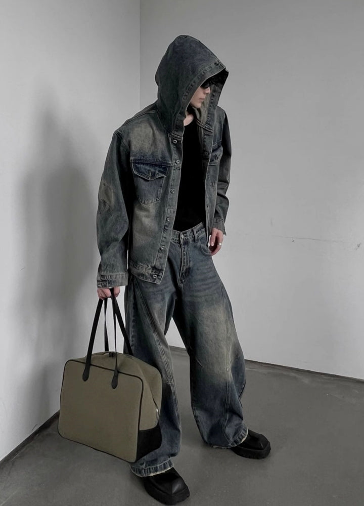 【SOULWORKER】Dull wash vintage processed hoodie plus denim jacket  SW0049