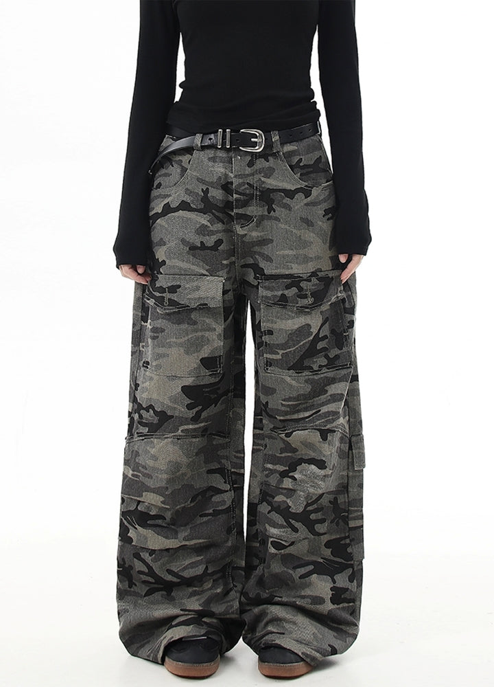 【Blacklists】Dull grey camouflage base wide straight pants  BL0049