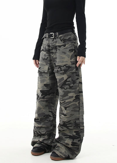 【Blacklists】Dull grey camouflage base wide straight pants  BL0049