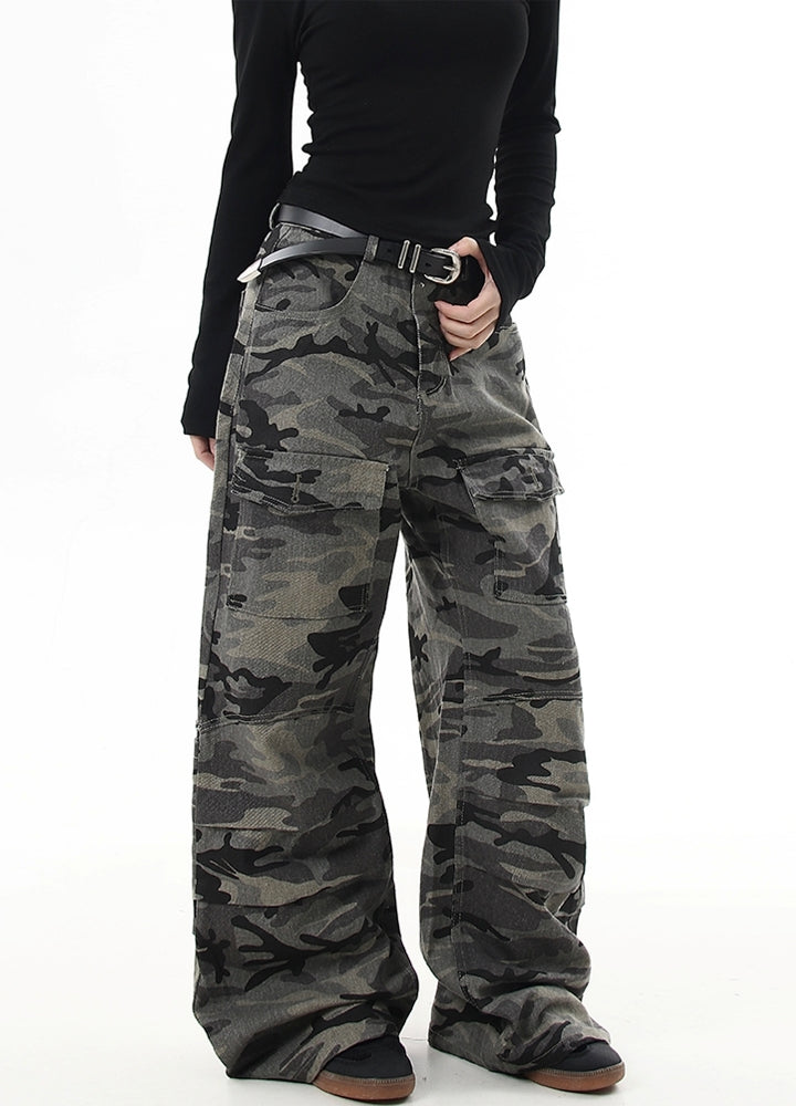 【Blacklists】Dull grey camouflage base wide straight pants  BL0049