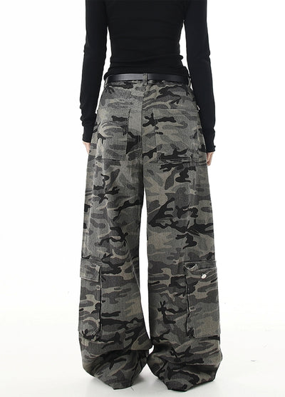 【Blacklists】Dull grey camouflage base wide straight pants  BL0049