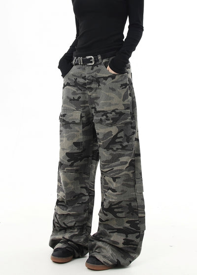 【Blacklists】Dull grey camouflage base wide straight pants  BL0049