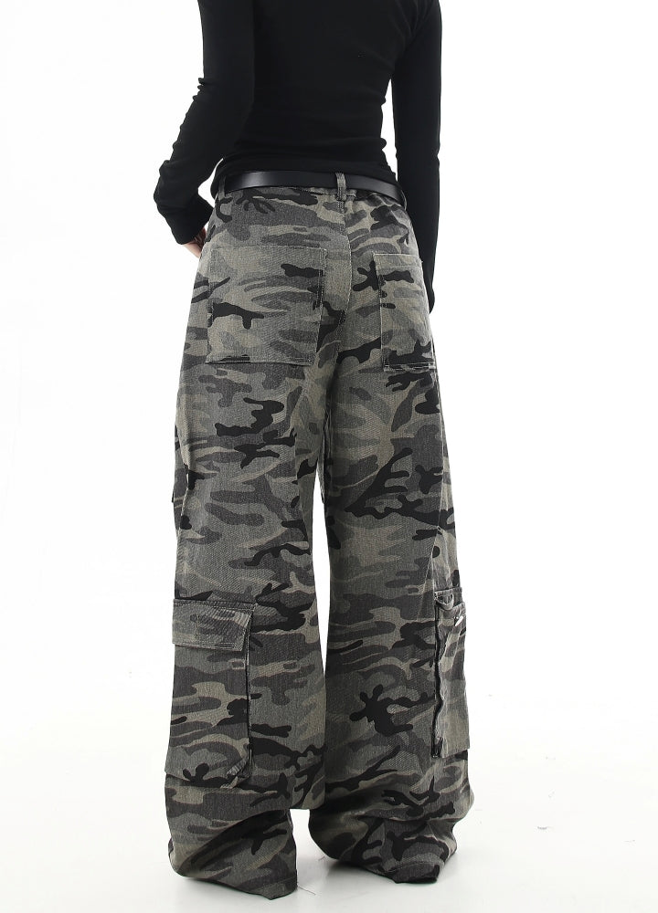 【Blacklists】Dull grey camouflage base wide straight pants  BL0049