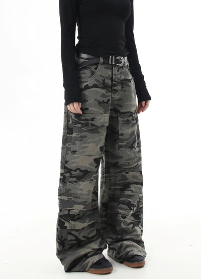 【Blacklists】Dull grey camouflage base wide straight pants  BL0049