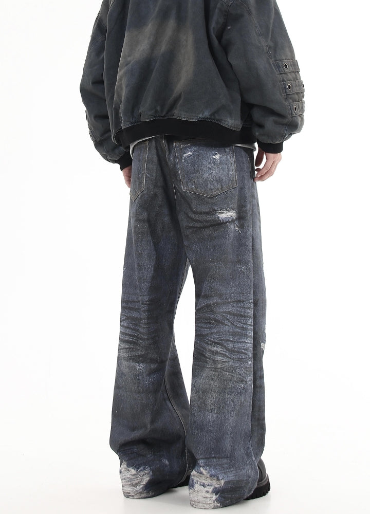 【Blacklists】Navy blue distressed wide denim pants  BL0028