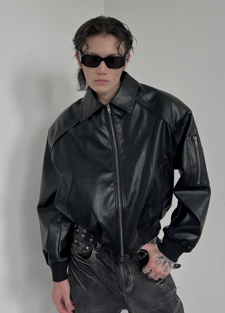 【SOULWORKER】Synthetic leather style zip short silhouette jacket  SW0050