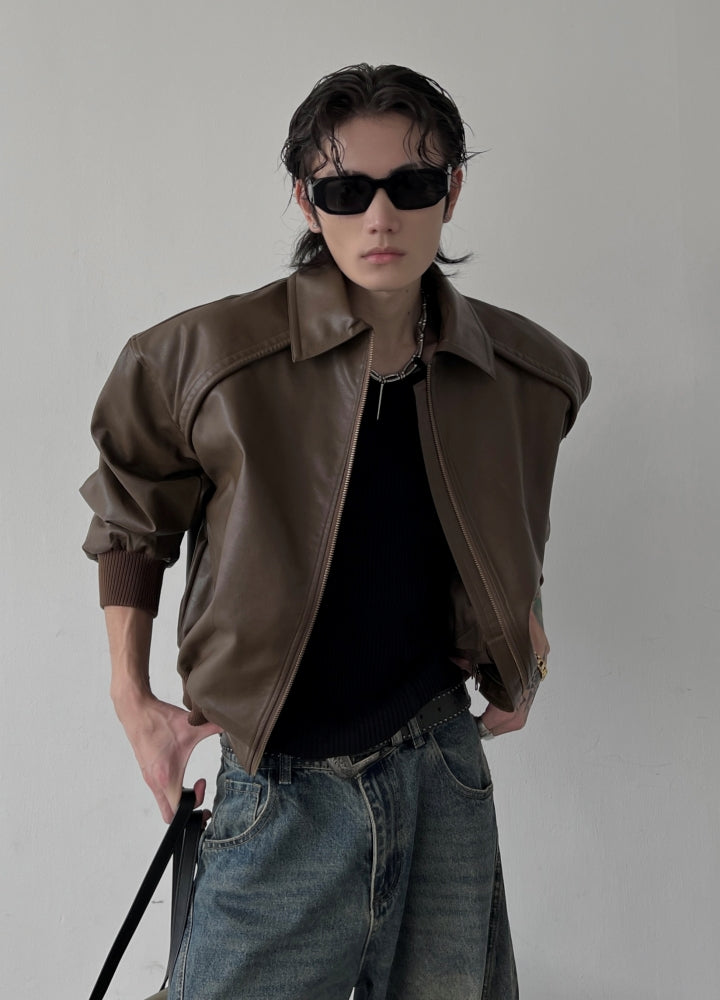 【SOULWORKER】Synthetic leather style zip short silhouette jacket  SW0050