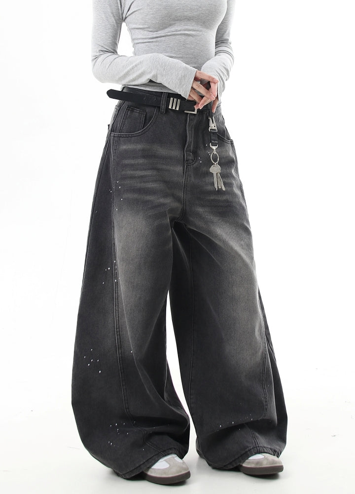 【Blacklists】Washed balance paint design wide denim pants  BL0050